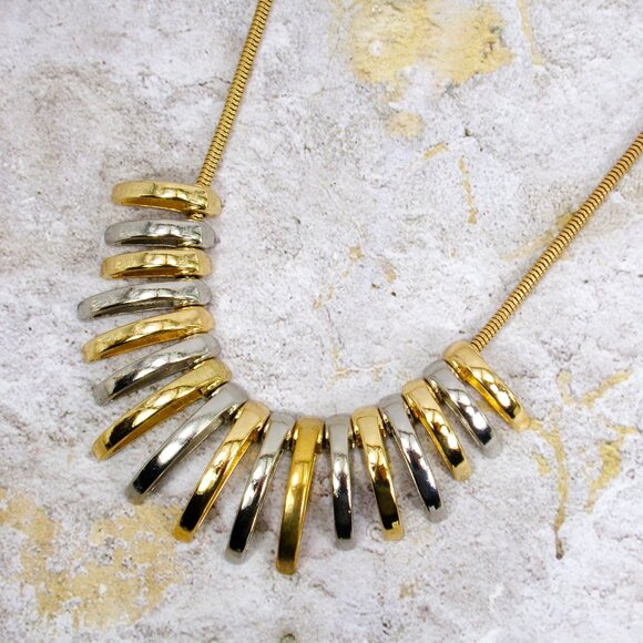 Silver and gold necklace with dome shape metal links attached to a snake chain - Picture 6 of 8